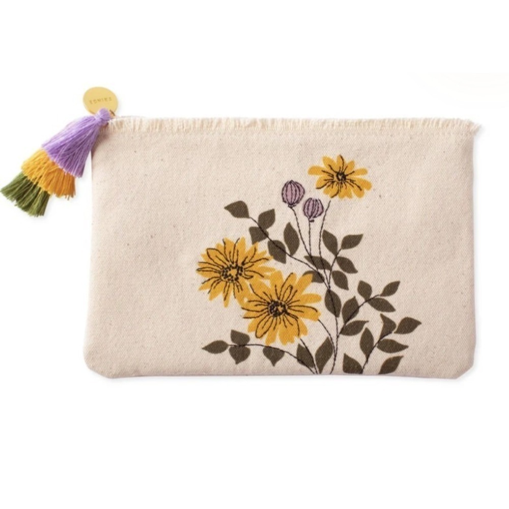 Fringe Studio x Dylan M Floral 3 Daisies Zip Canvas Makeup Bag Coin Purse NWT